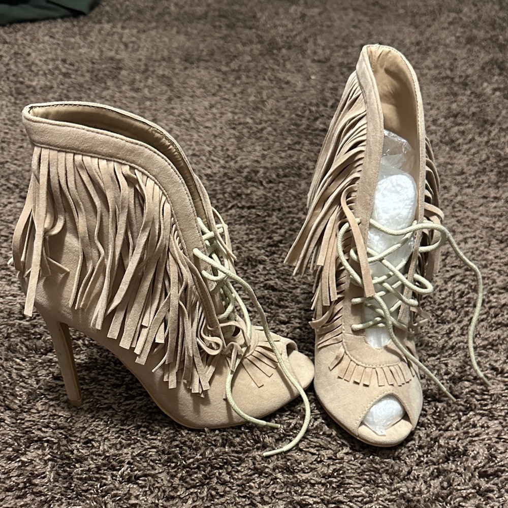 Yoki Tan Fringe Lace-Up Peep Toe Heels